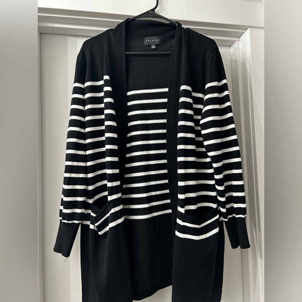 Black and white striped premise cardigan, size large